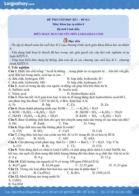 Đề thi học kì 1 KHTN 8 Cánh diều - Đề số 2